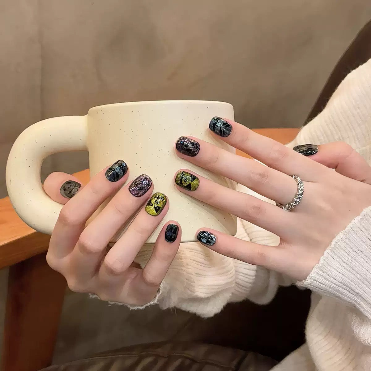 Halloween Cat Eye Green - Holiday Handmade Press On Nails