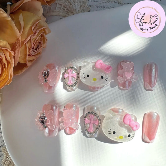 Big Head Kitty - Cute Kawaii Handmade Press On Nails