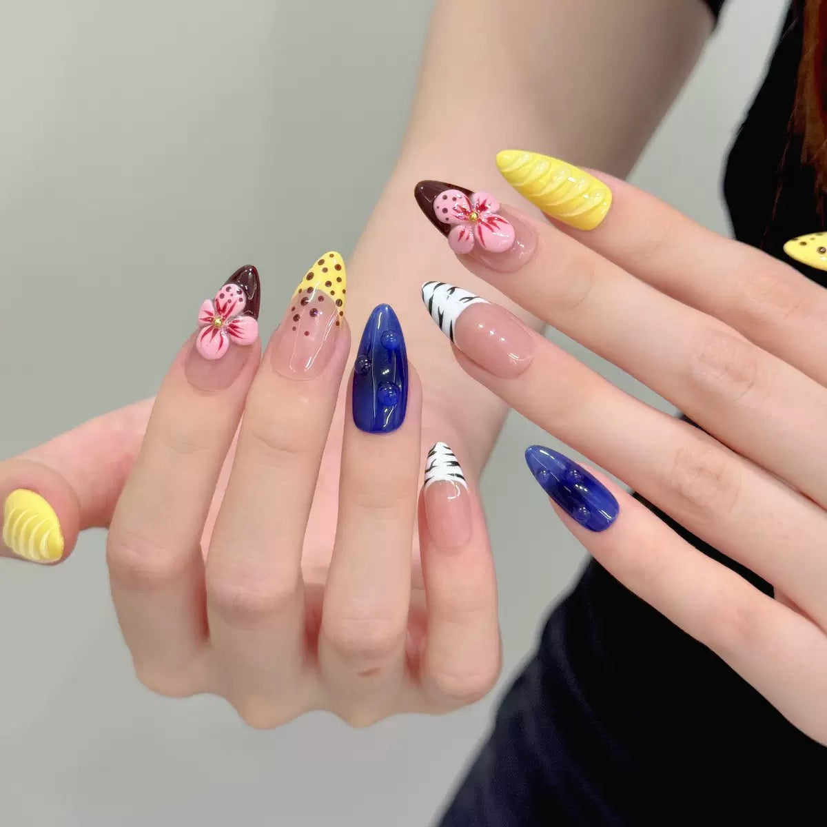 Yellow Tips  -  3D Carved Almond - Handmade Press On Nails