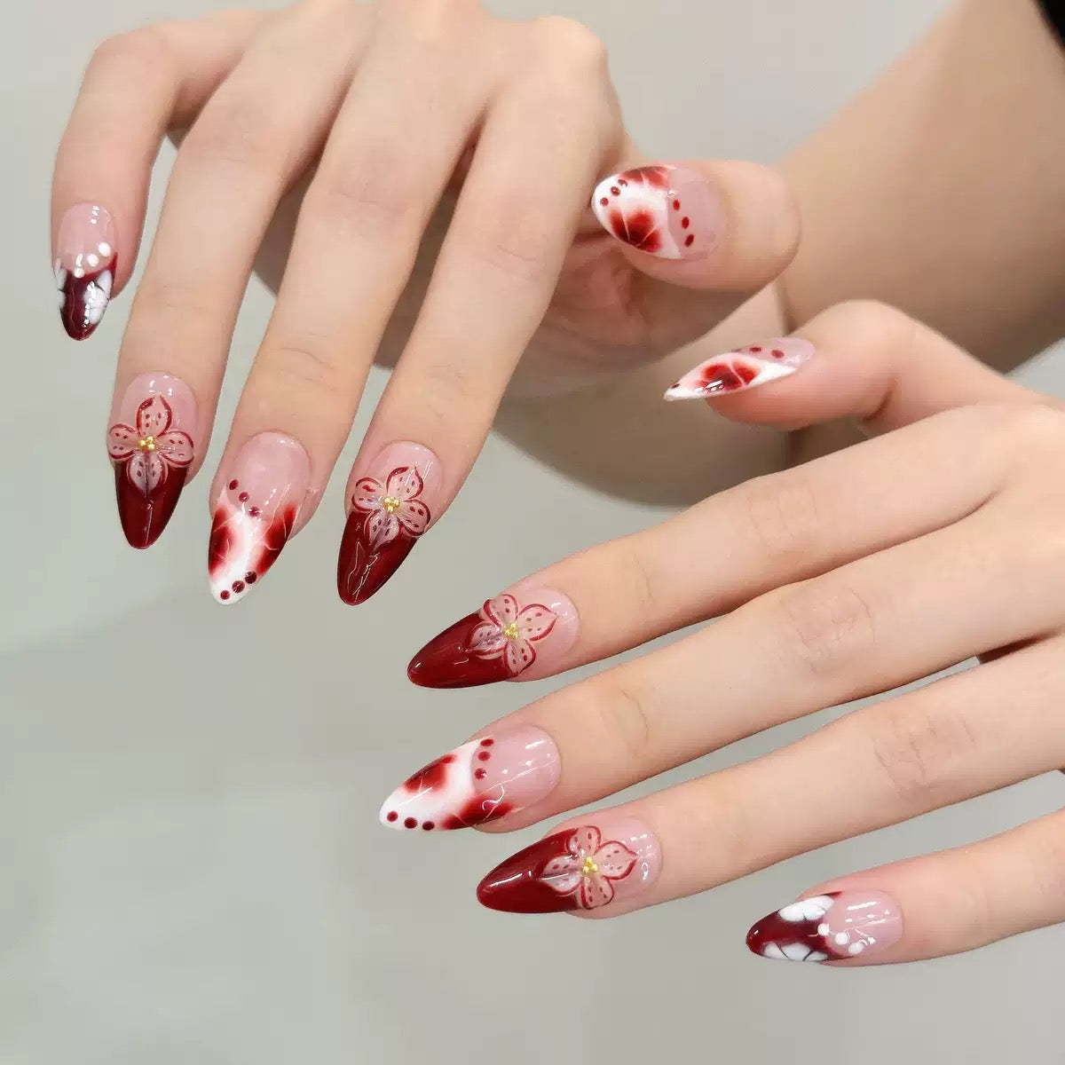 Flower French   -  3D Carved Almond - Handmade Press On Nails