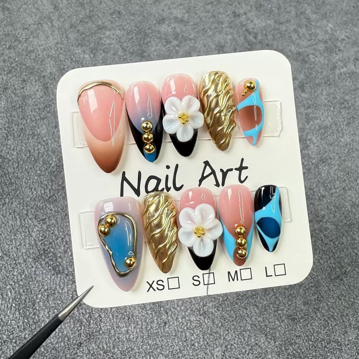 Class Blue Flower 3D Almond - Handmade Press On Nails