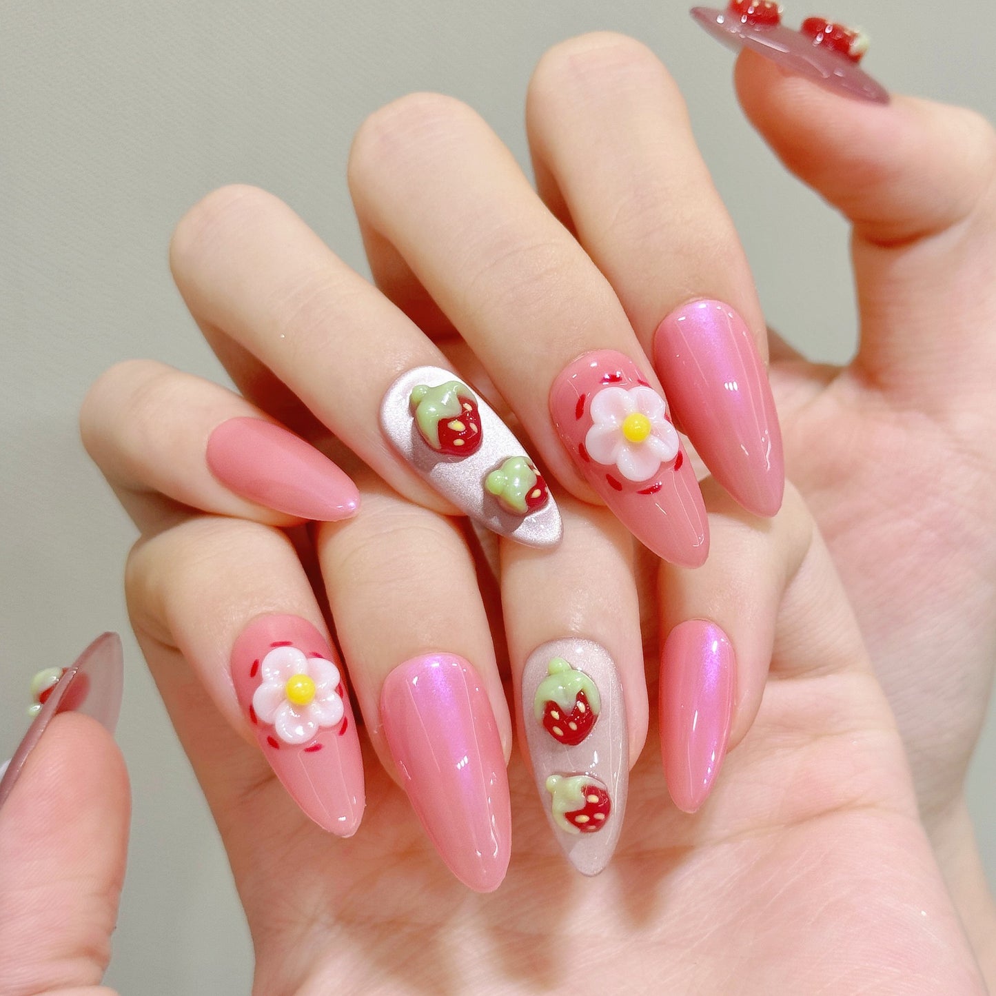 Pink Strawberry  -  Handmade Press On Nails