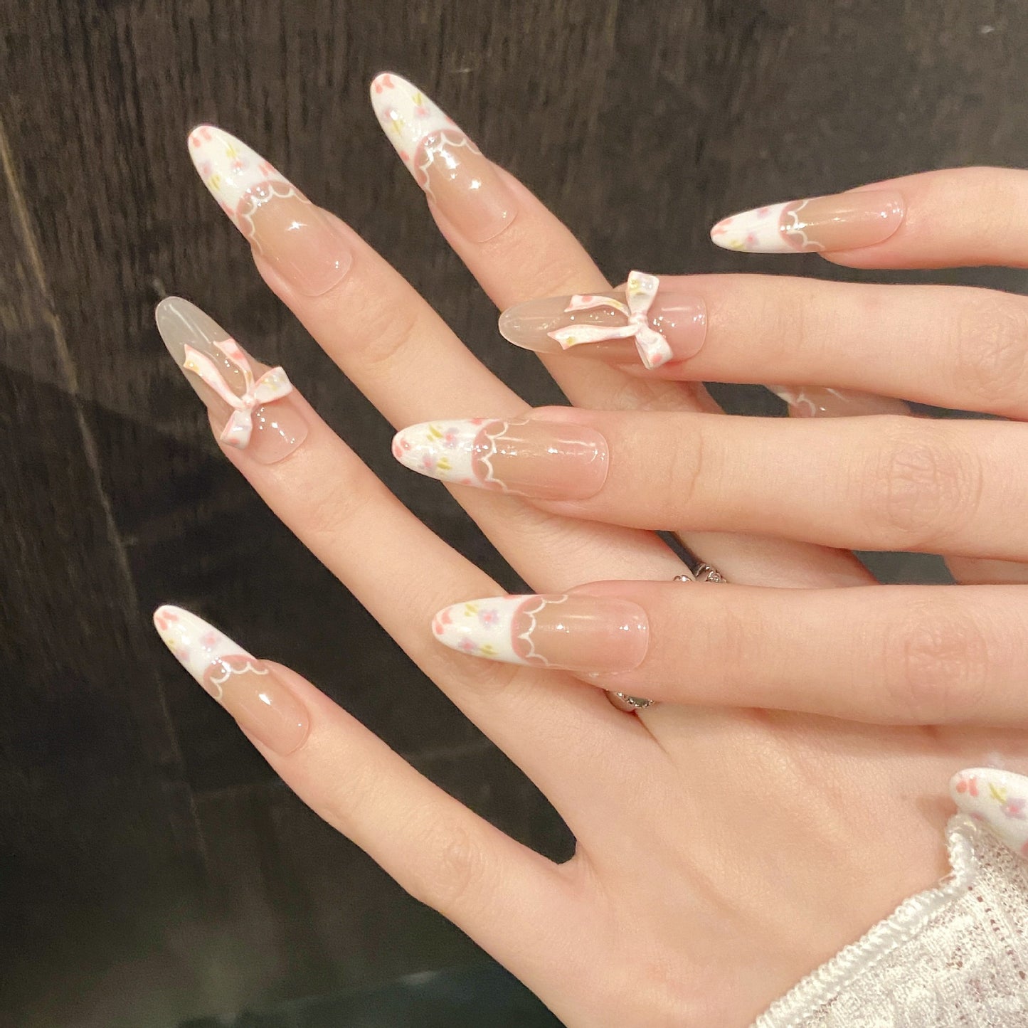 Little Flower French - Long Party Handmade Press On Nails