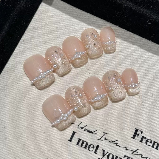 Pearl-Accent French - Handmade Press On Nails