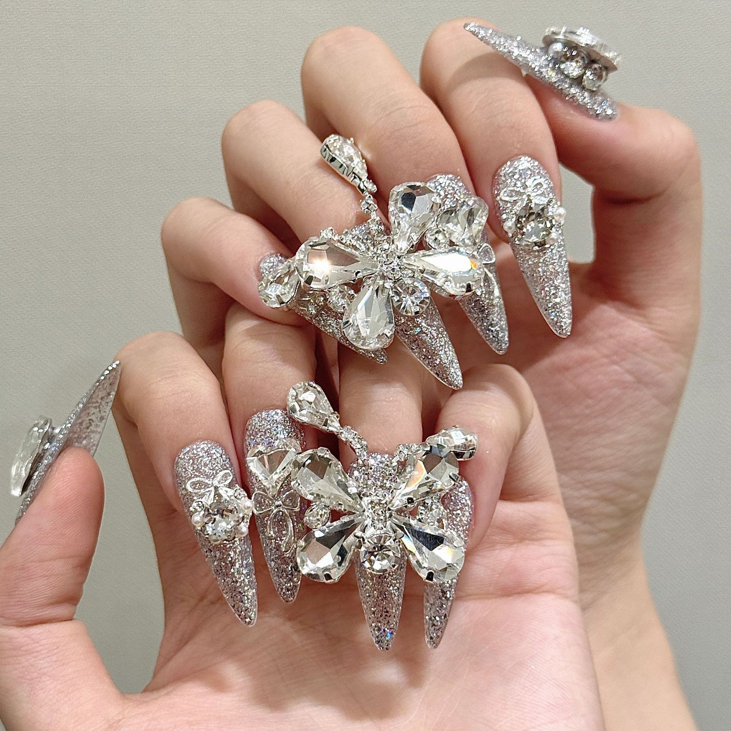 Silver Butterfly 2 in 1 - Luxury Handmade Press On Nails