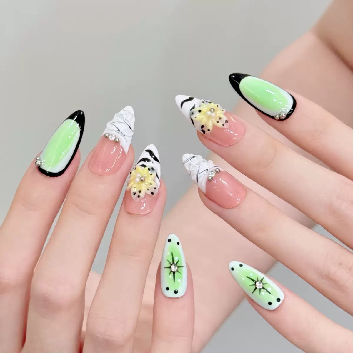 Spring Hope  -  3D Carved Almond - Handmade Press On Nails