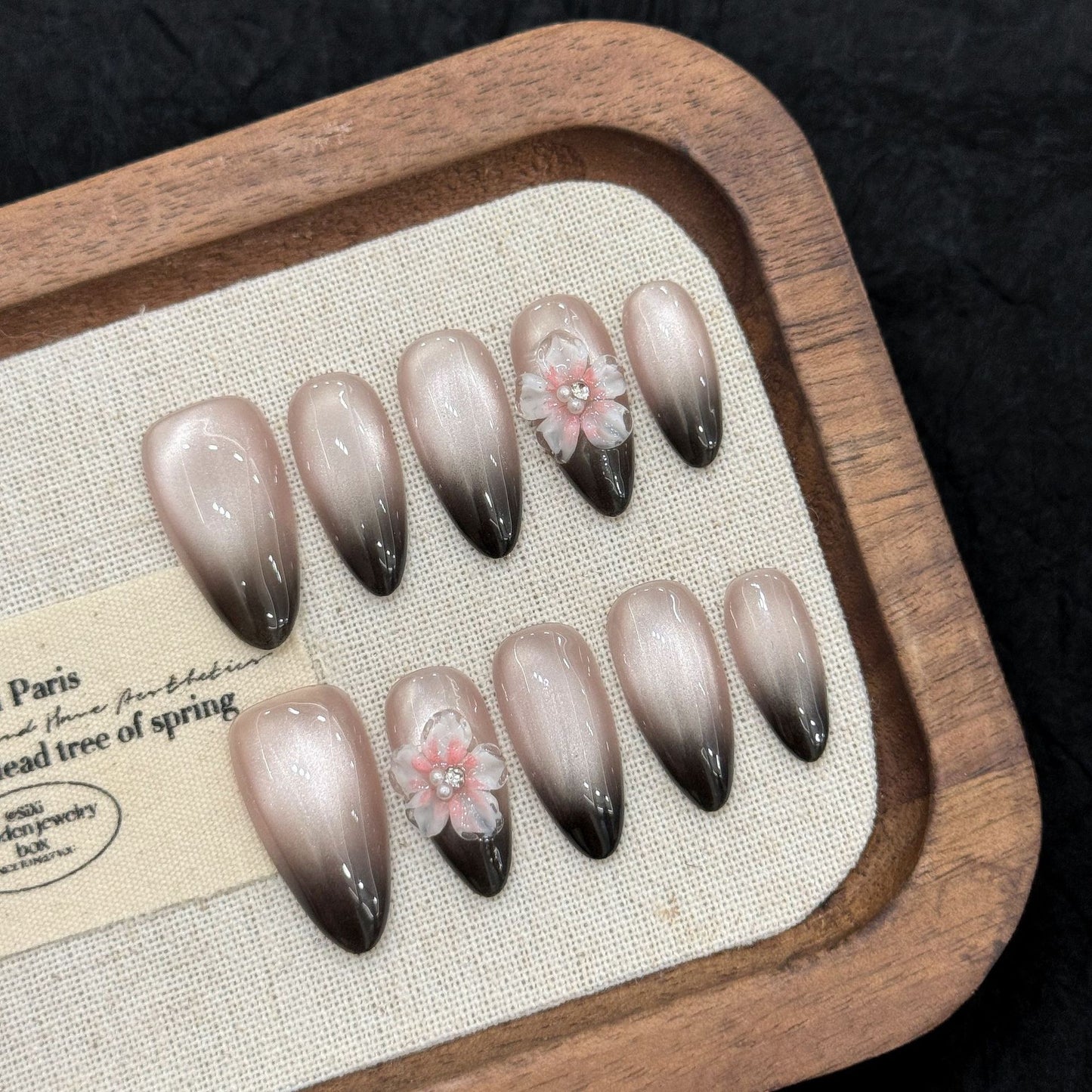 Dark French   -  3D Carved Almond - Handmade Press On Nails