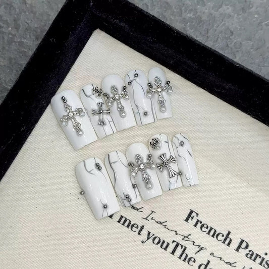 White Cross Heart -  Handmade Press On Nails