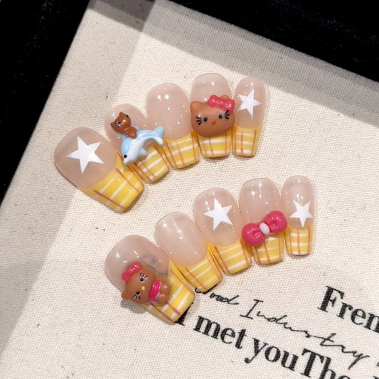 Yellow French KT- Cute Kawaii Handmade Press On Nails