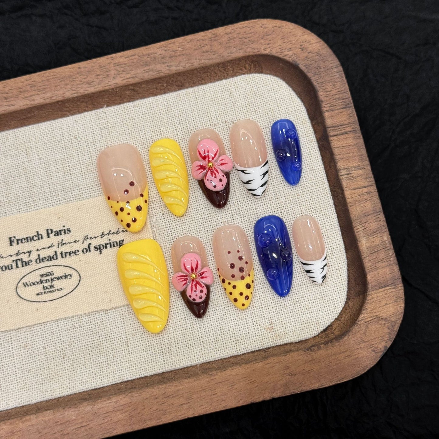 Yellow Tips  -  3D Carved Almond - Handmade Press On Nails