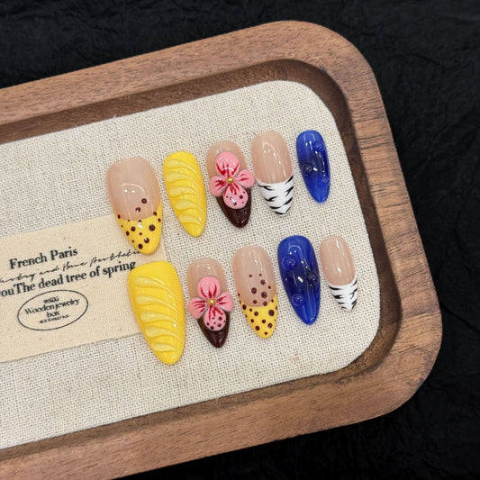 Yellow Tips  -  3D Carved Almond - Handmade Press On Nails
