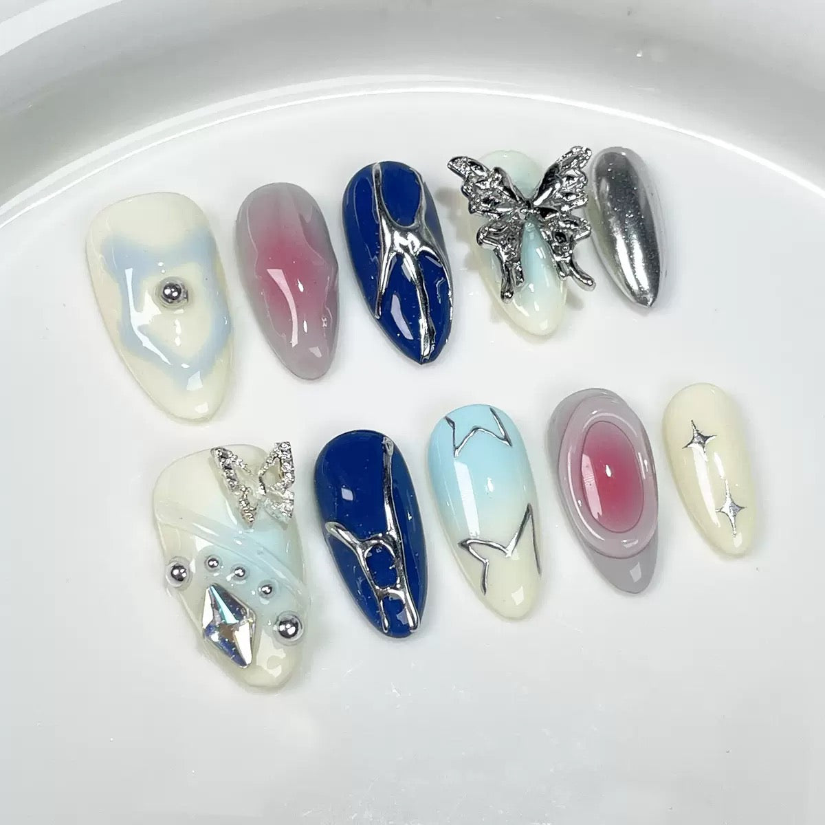 Classic Blue Butterfly Y2K - Handmade Press On Nails
