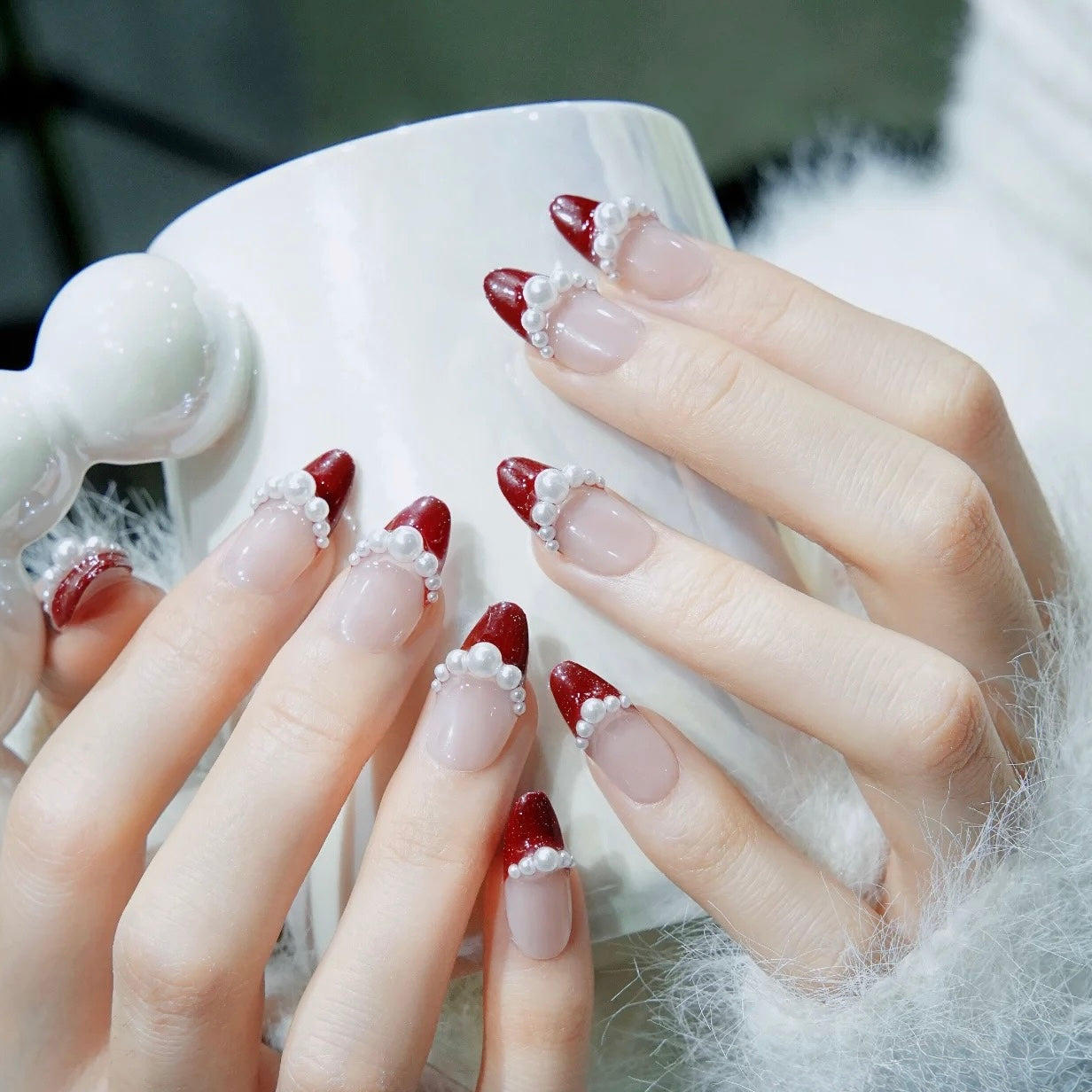 Pearl Red French -  Handmade Press On Nails