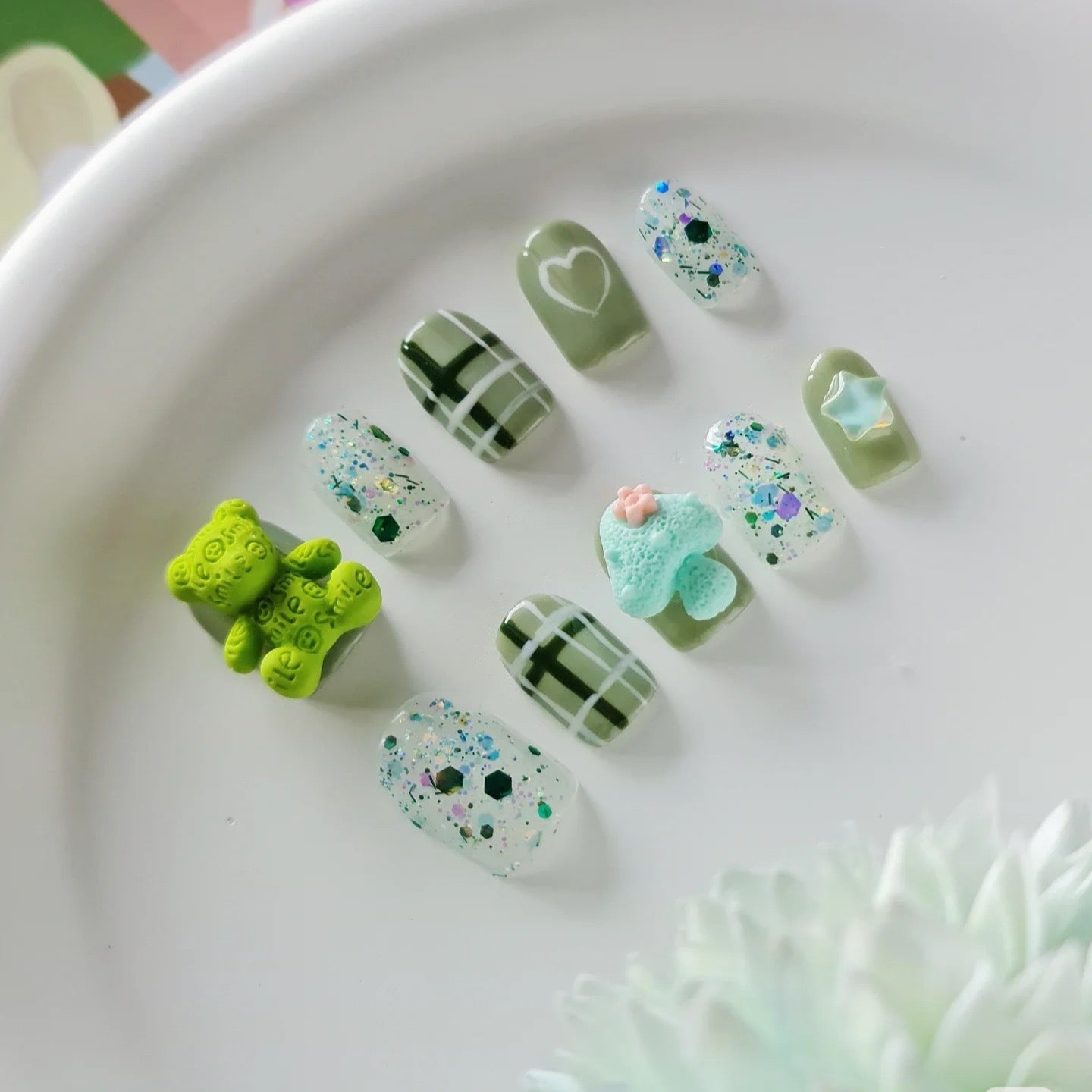 Mint Bear - Cute Handmade Press On Nails