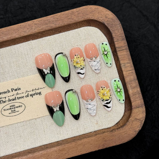 Spring Hope  -  3D Carved Almond - Handmade Press On Nails