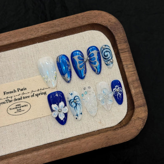 Blue Butterfly  -  3D Carved Almond - Handmade Press On Nails