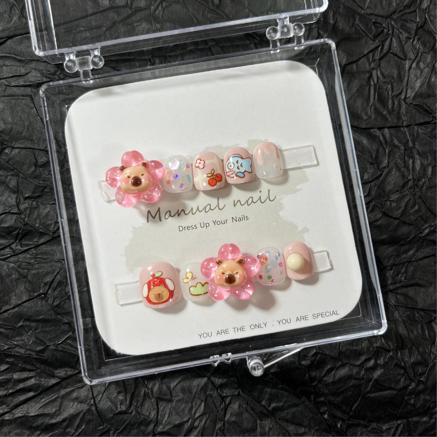 Pink Flower Bear - Kids Handmade Press On Nails