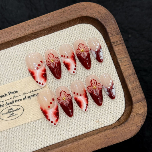 Flower French   -  3D Carved Almond - Handmade Press On Nails