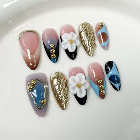 Class Blue Flower 3D Almond - Handmade Press On Nails