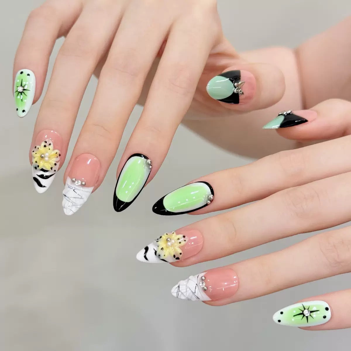 Spring Hope  -  3D Carved Almond - Handmade Press On Nails