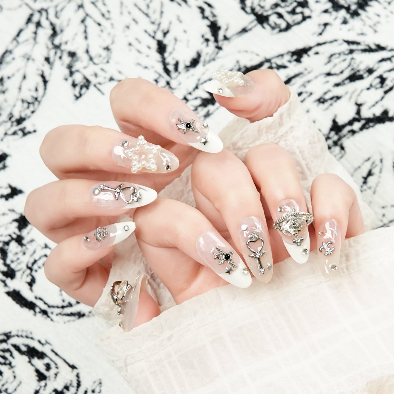 Crystal Planet White French -  Handmade Press On Nails