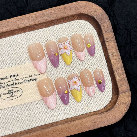 Violet  French   -  3D Carved Almond - Handmade Press On Nails