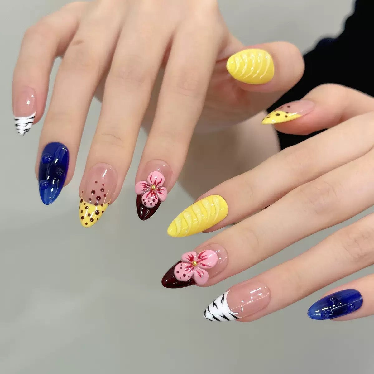 Yellow Tips  -  3D Carved Almond - Handmade Press On Nails