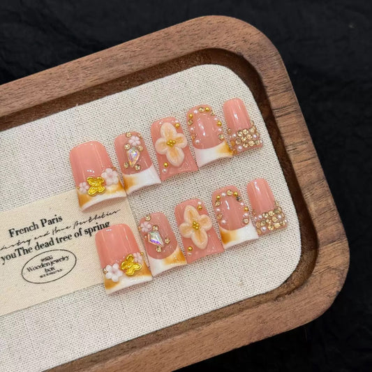 Golden Flower - Duck Shape Handmade Press On Nails