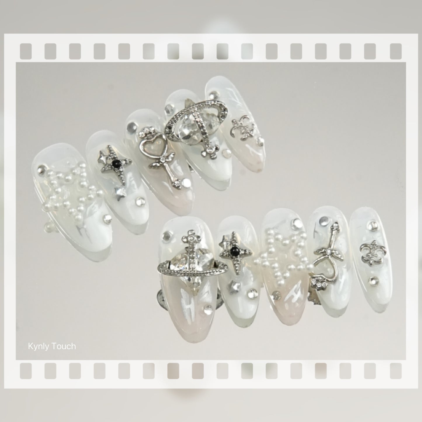 Crystal Planet White French -  Handmade Press On Nails
