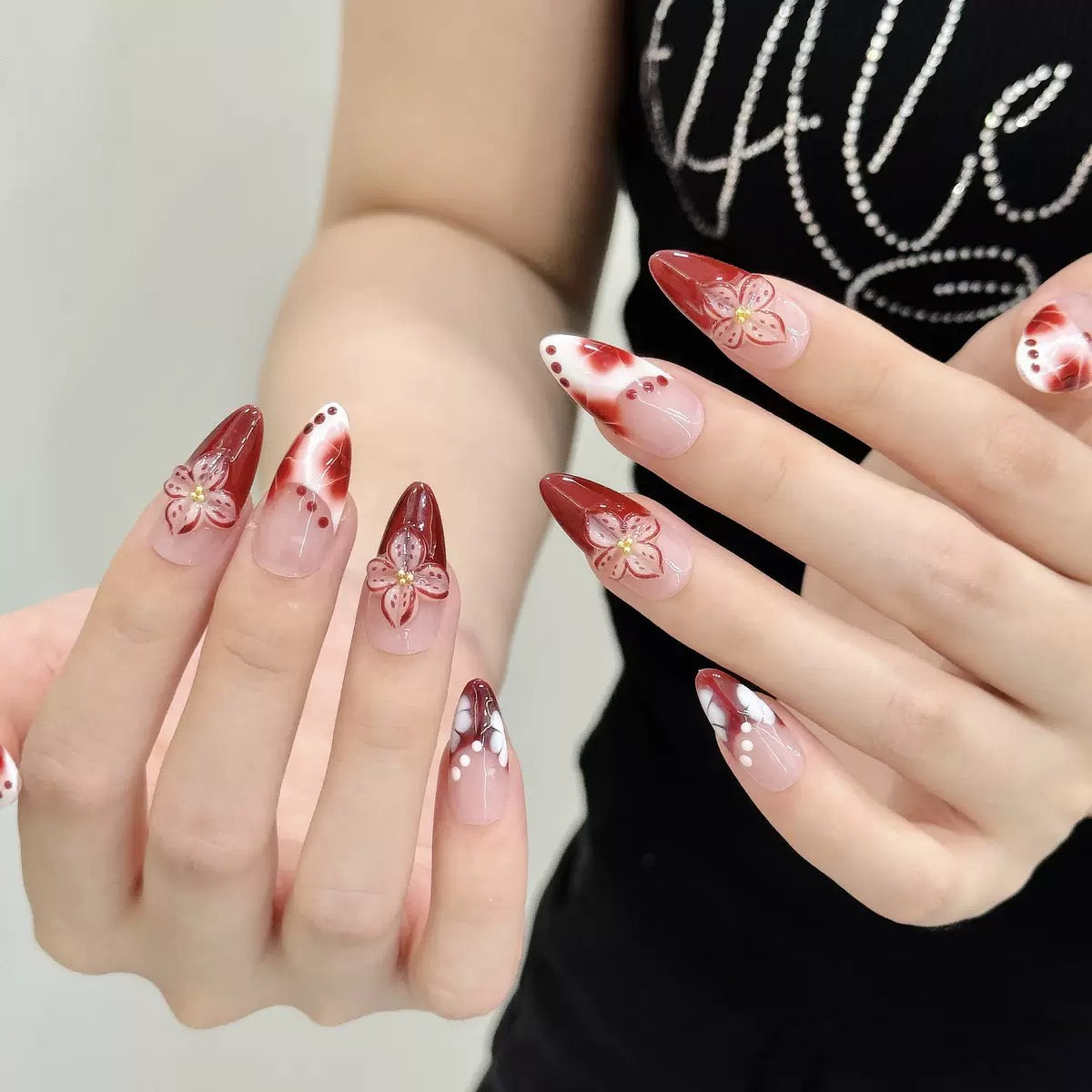 Flower French   -  3D Carved Almond - Handmade Press On Nails