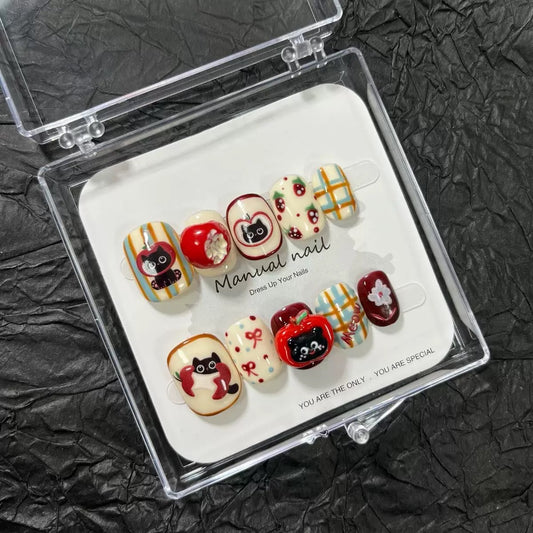 Black Cat & Apple - Cute Kawaii Handmade Press On Nails