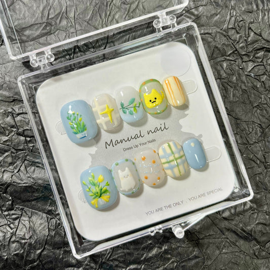Plant & Cat - Cute Kawaii Handmade Press On Nails