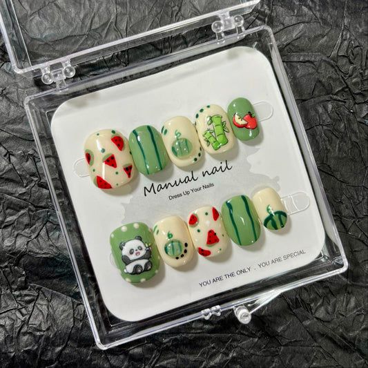Watermelon & Panda - Cute Kawaii Handmade Press On Nails