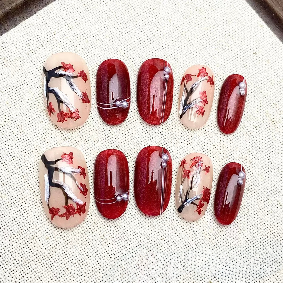 Blooming Red Plum - Fairy Chic Handmade Press On Nails