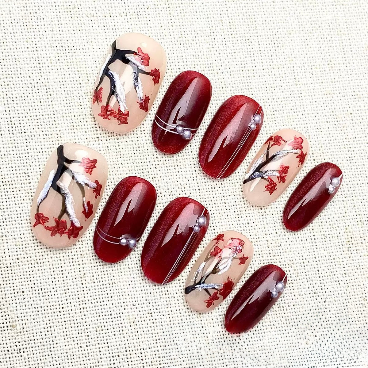 Blooming Red Plum - Fairy Chic Handmade Press On Nails