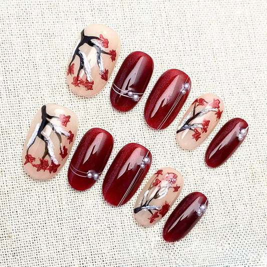 Blooming Red Plum - Fairy Chic Handmade Press On Nails