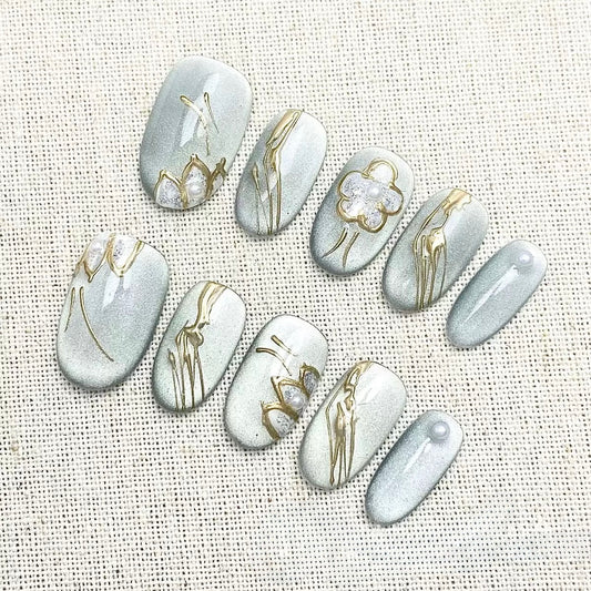 Blue Blossom- Fairy Chic Handmade Press On Nails