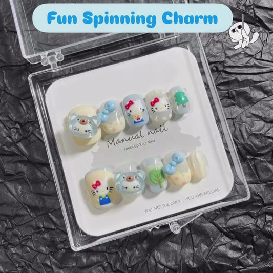 *Spinning* Blue Kitty - Kids Handmade Press On Nails